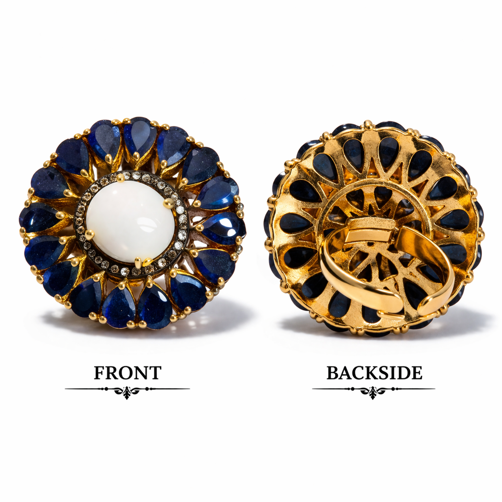 Victorian Style Ring with Opal Center Stone & Blue Accent Gems