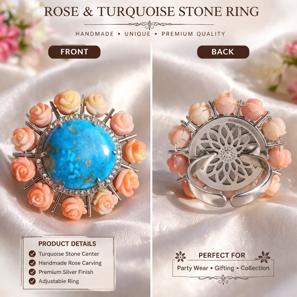 Handcrafted Turquoise Rose Designer Ring (Adjustable)