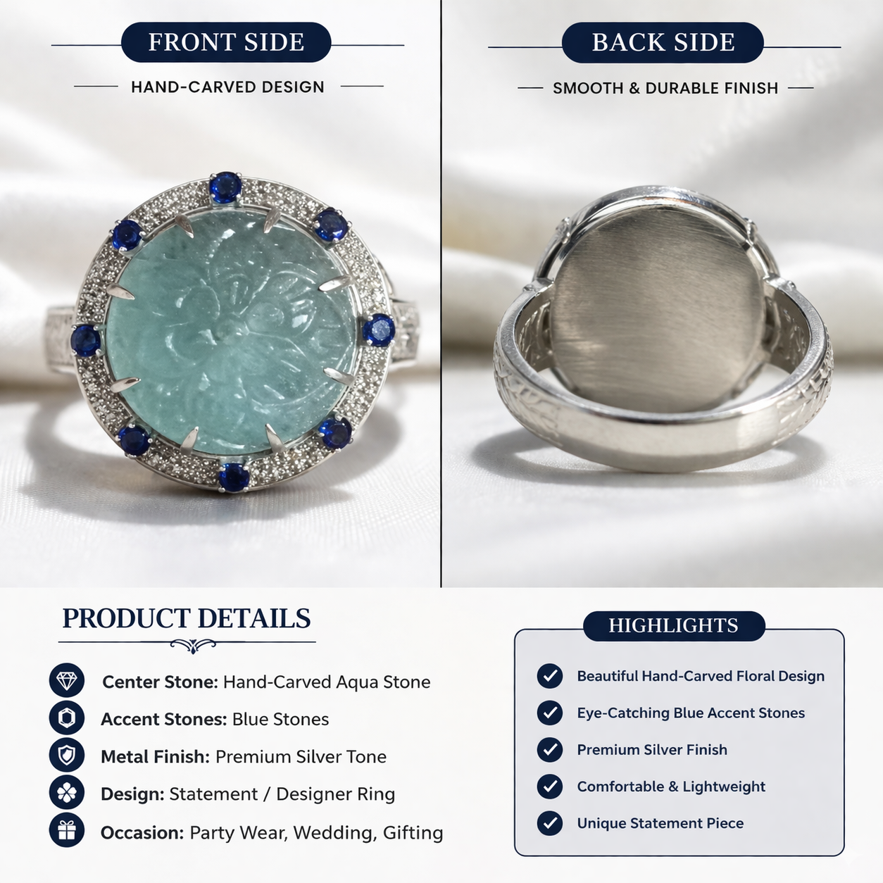 “Royal Designer Diamond Ring with Hand-Carved Aqua Stone – Exclusive Piece”